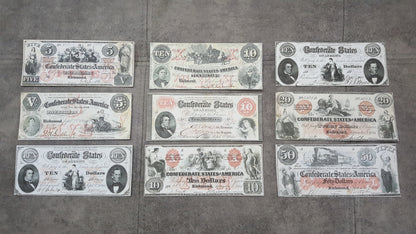 1861-1862 Confederate States Red Series Numismatic Currency Set of 9 Bills