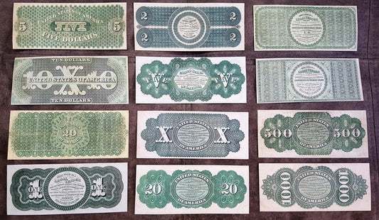 1861-1863 US Demand and Legal Tender Banknotes Set Greenback Reverse Side