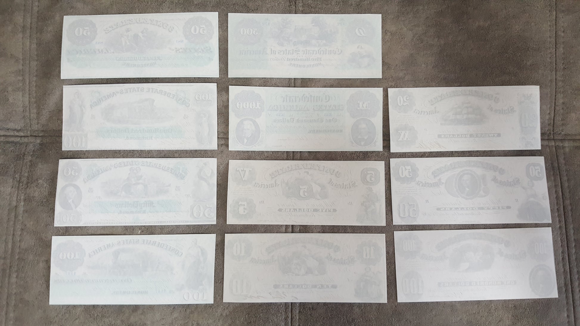1861 Confederate States Banknotes Set Reverse Side