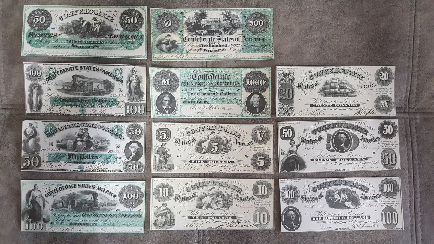 1861 Confederate States Civil War Numismatic Banknotes Set of 11 Bills