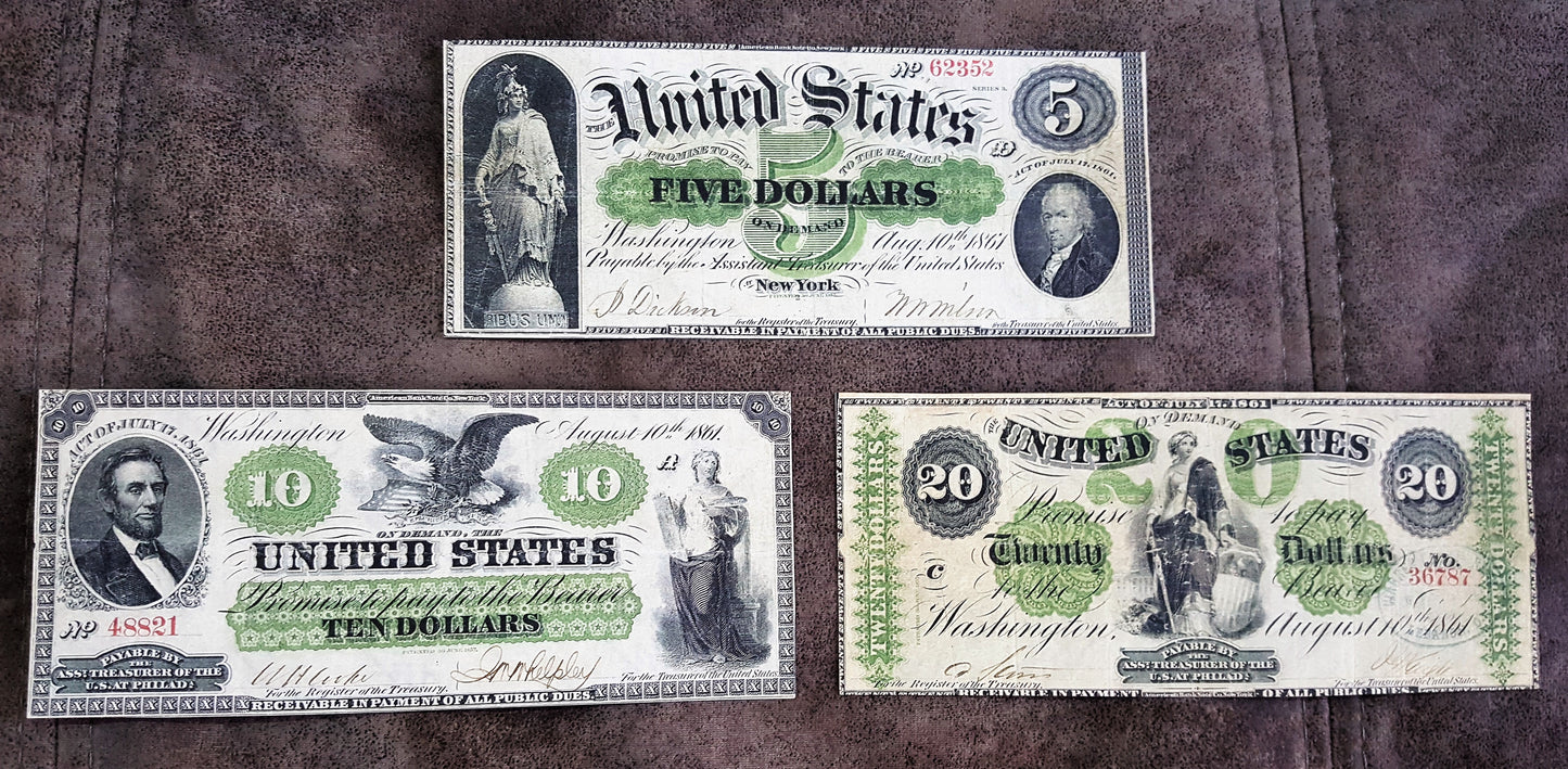 1861 US Demand Notes 5, 10 and 20 Dollar Historic Civil War Currency