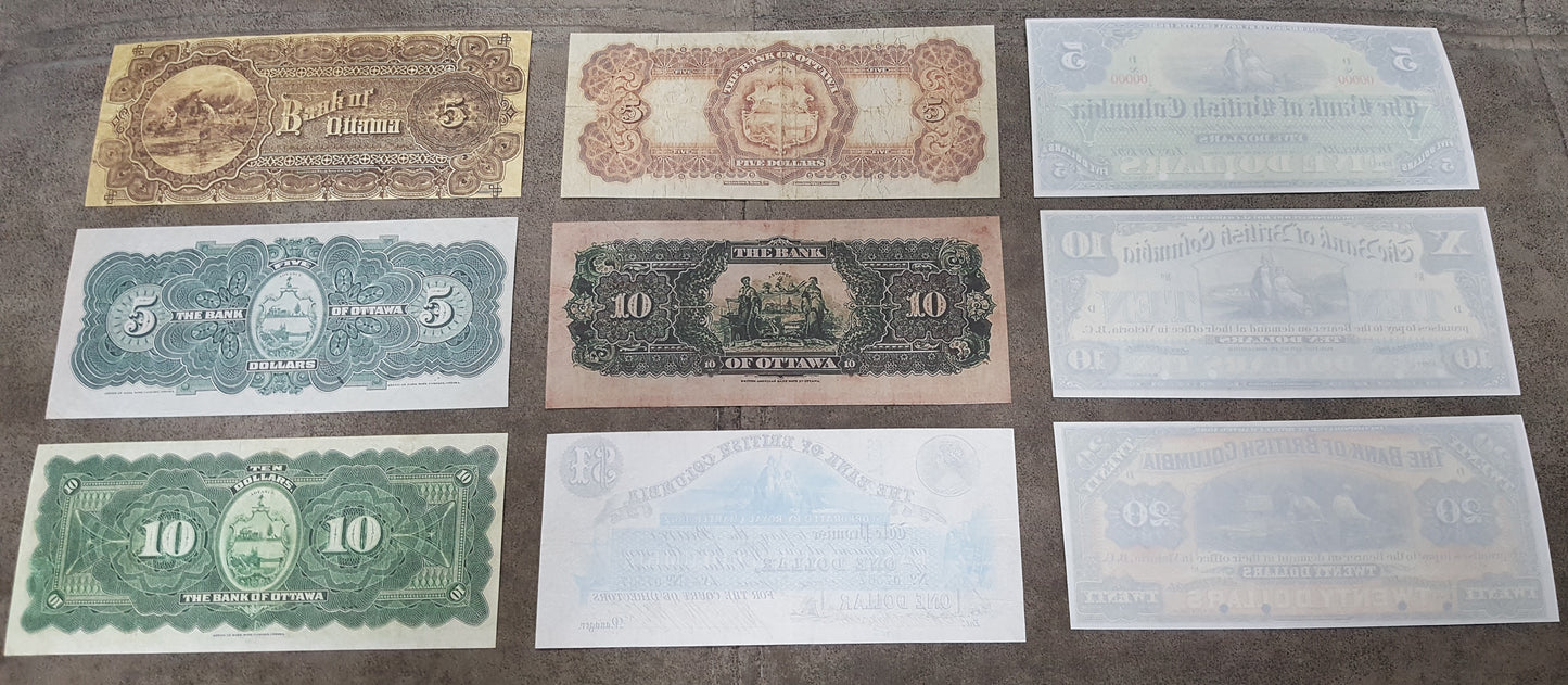Historic 1863-1913 Bank of Ottawa & British Columbia Banknotes Reverse Side Series
