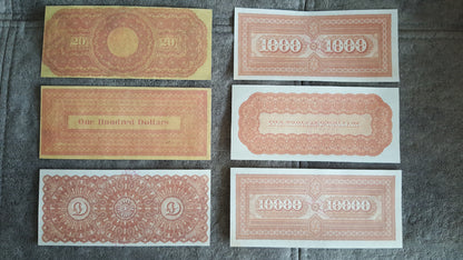 1863 US Gold Certificate Banknotes Set Orange Reverse Side