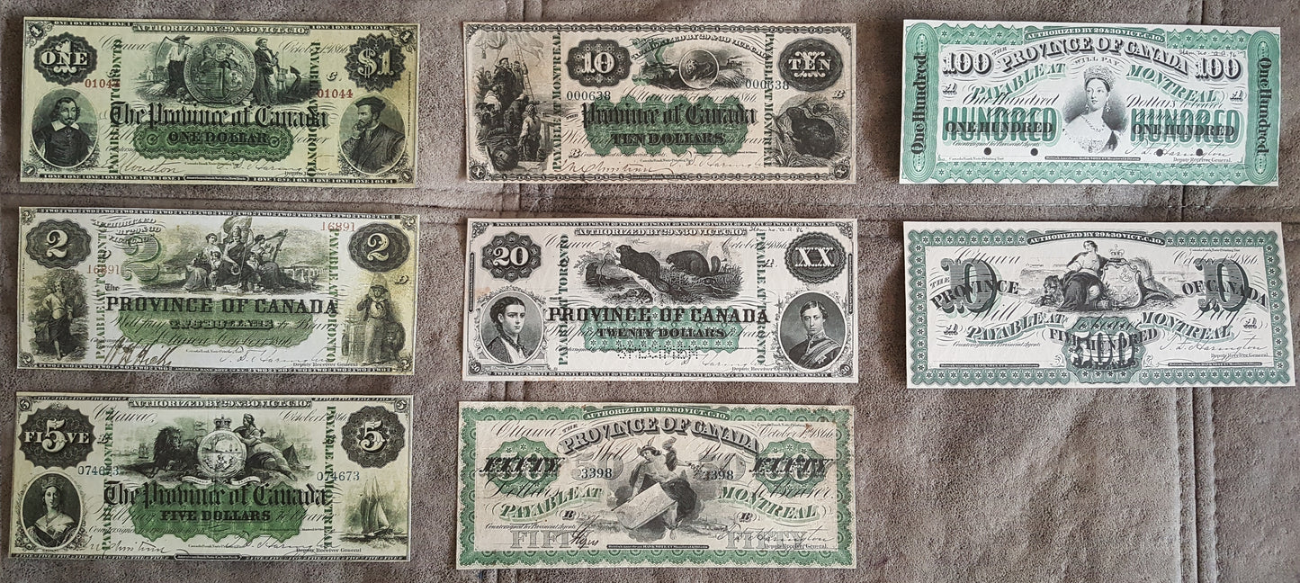 1866 Province of Canada Numismatic Currency Notes Set of 8 Bills