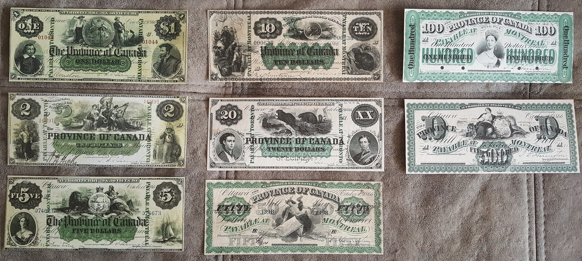 1866 Province of Canada Numismatic Currency Notes Set of 8 Bills