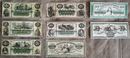 1866 Province of Canada Numismatic Currency Notes Set of 8 Bills