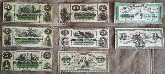 1866 Province of Canada Numismatic Currency Notes Set of 8 Bills
