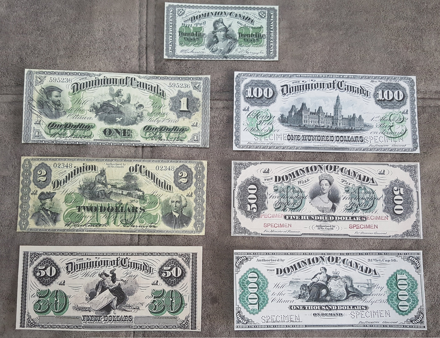 1870-1872 Dominion of Canada Numismatic Specimen Notes Set of 7 Bills