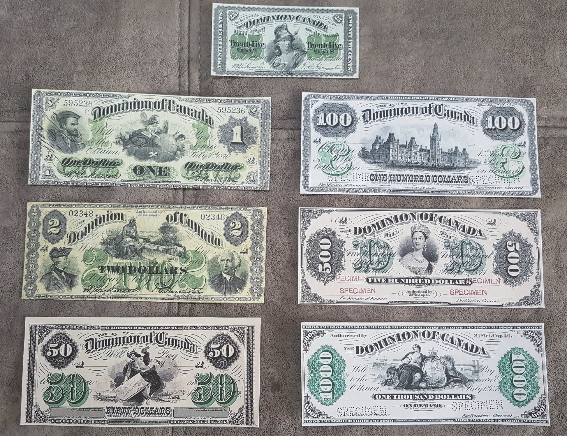 1870-1872 Dominion of Canada Numismatic Specimen Notes Set of 7 Bills