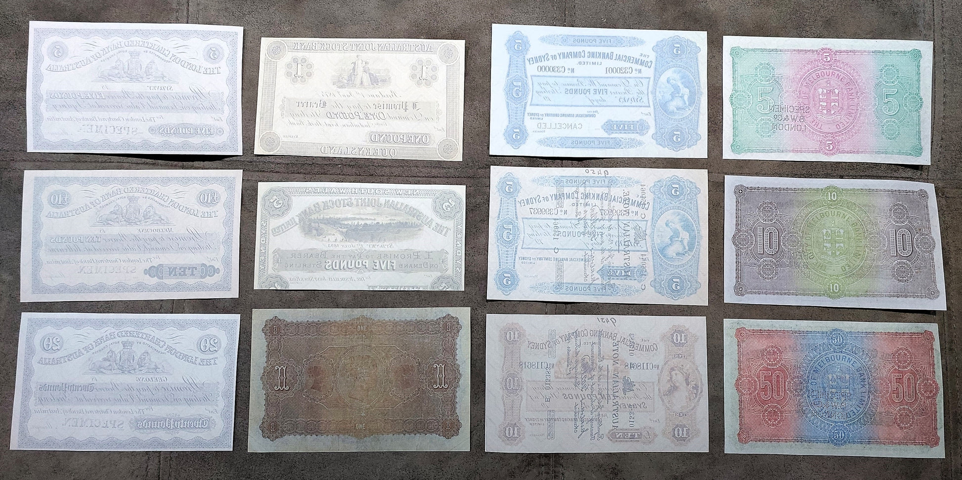 Historic 1870-1910 Australia Colonial Banknotes Collection Set G Reverse Side