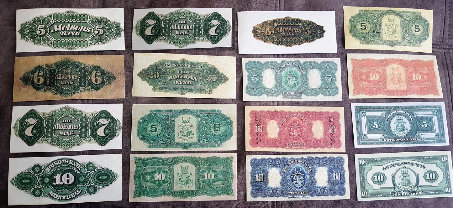 Historic 1871-1922 Canada Molsons Bank Banknotes Upgraded Collection Reverse Side