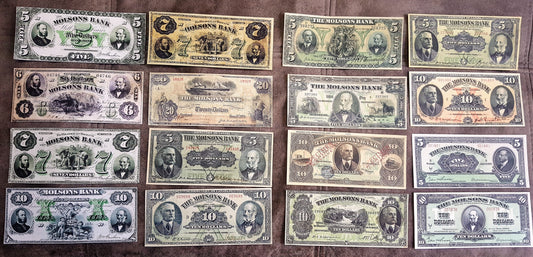 1871-1922 Canada Molsons Bank Chartered Numismatic Notes Set of 16 Bills