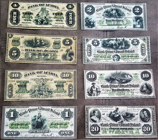 1872-1877 Canada Bank of Acadia and PEI Numismatic Banknotes Set of 8 Bills