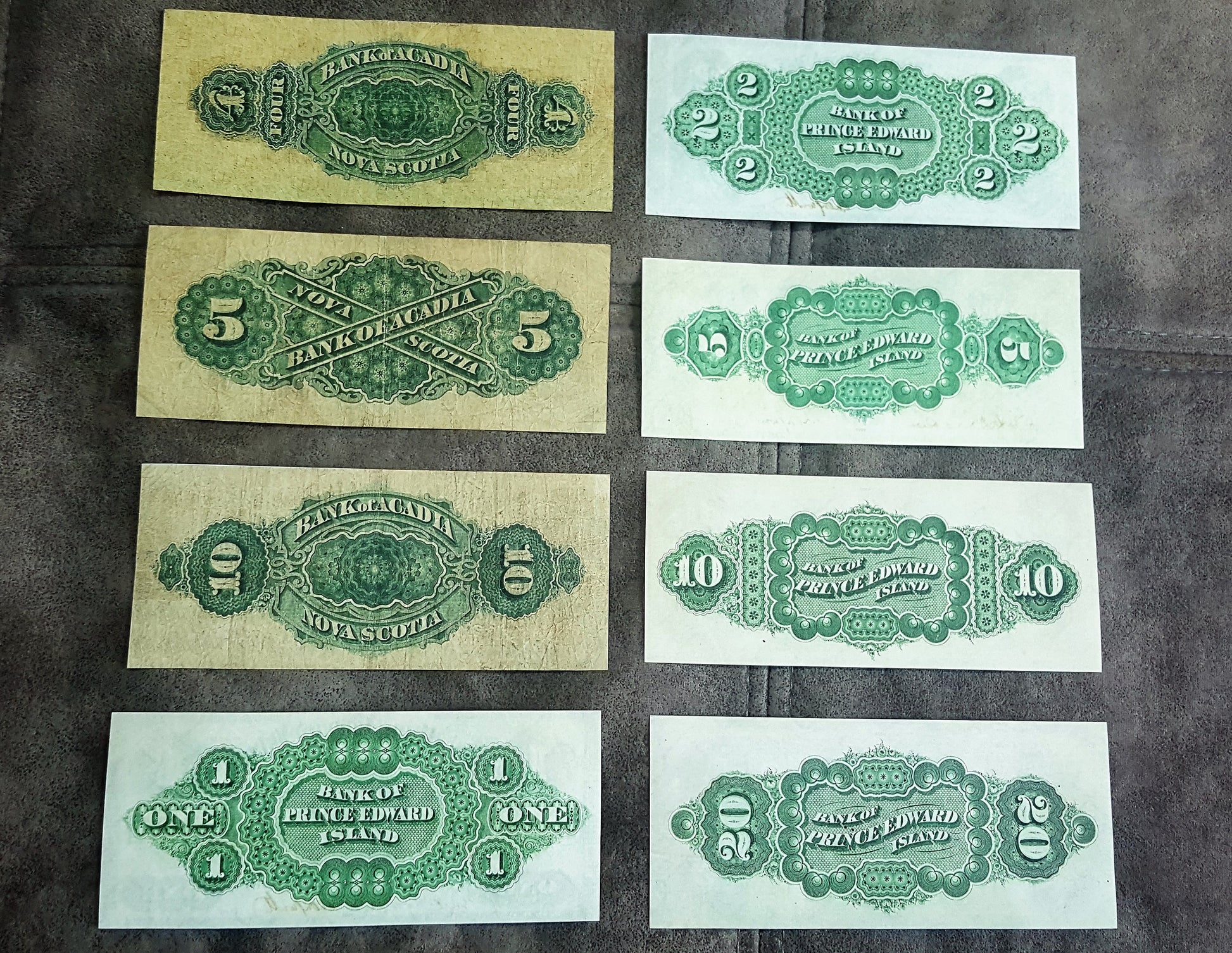 Historic 1872-1877 Canada Bank of Acadia & PEI Banknotes Collection Reverse Side Series