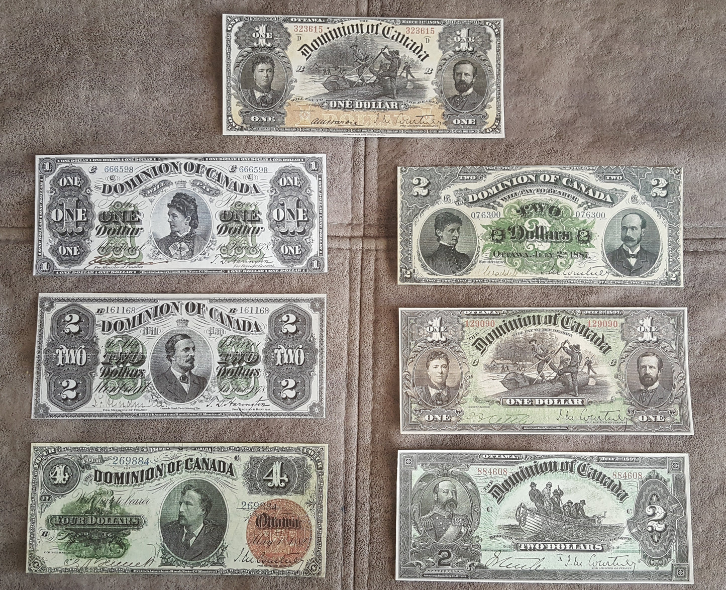 1878-1898 Dominion of Canada Numismatic Specimen Notes Set of 7 Bills