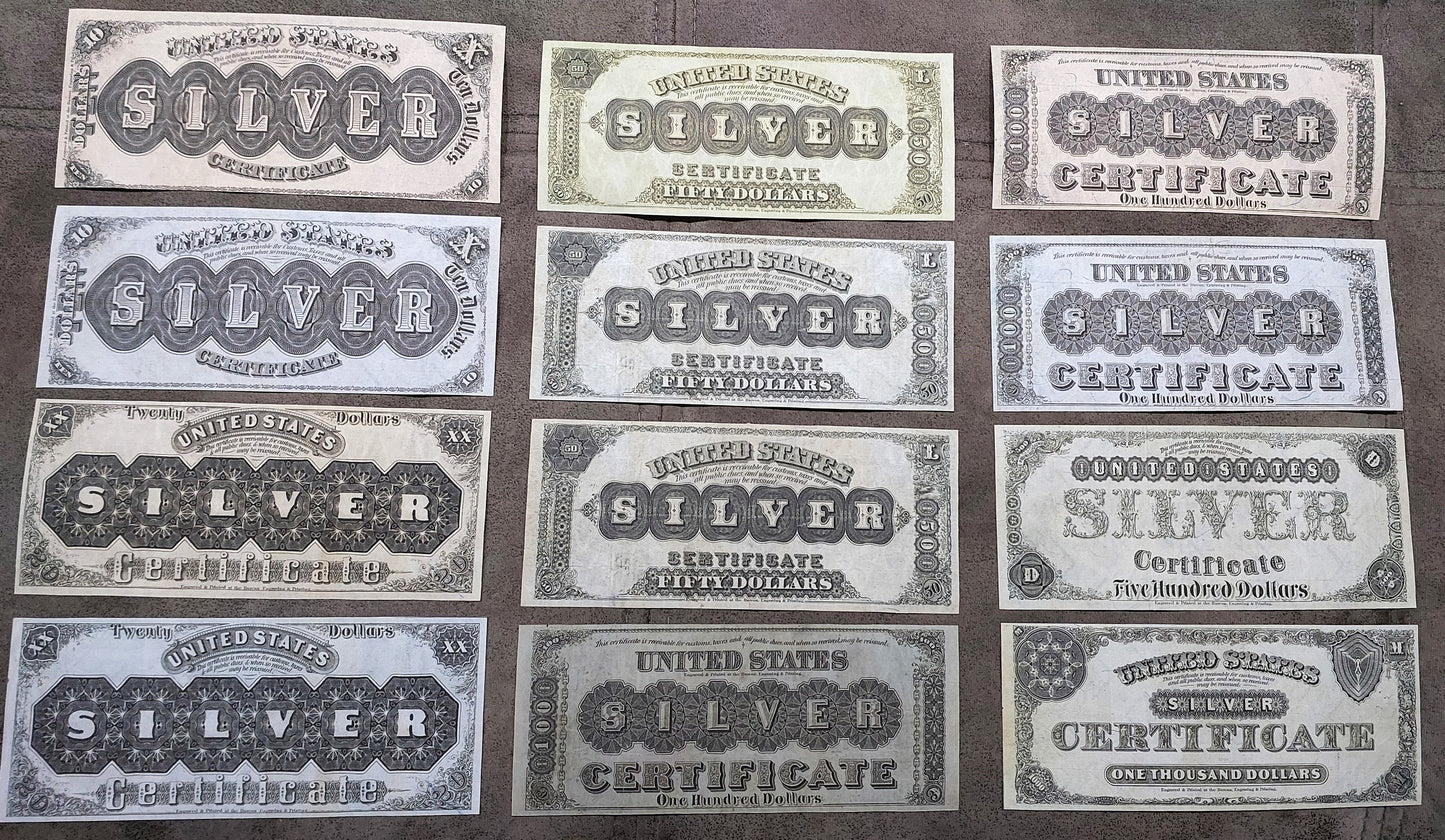 1880 US Silver Dollar Banknotes Set Reverse Side