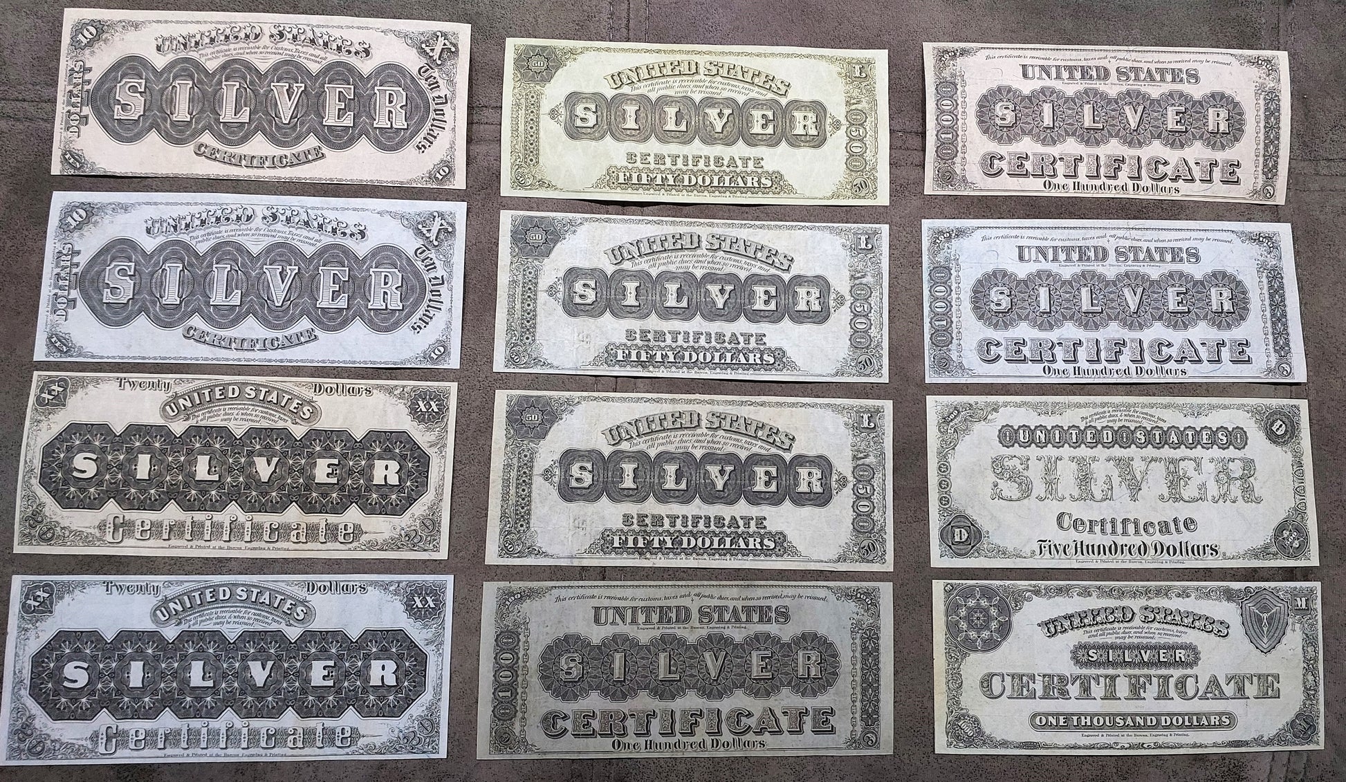 1880 US Silver Dollar Banknotes Set Reverse Side