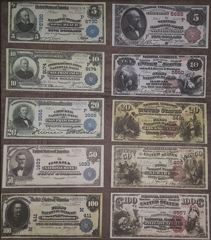 1882-1909 US National Bank Numismatic Notes Set of 10 Bills