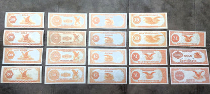1882 US Gold Certificate Banknotes Set Orange Reverse Side