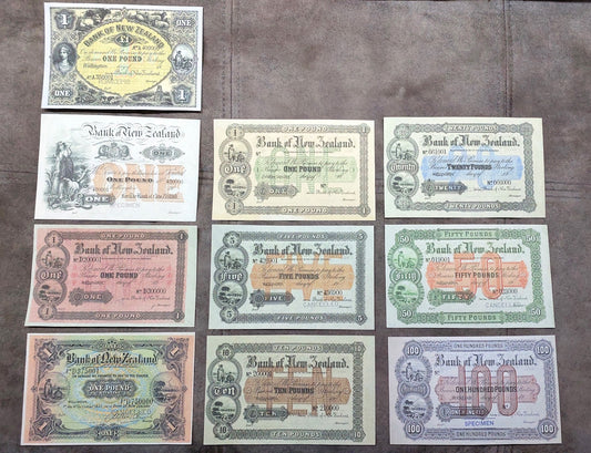 1890-1921 Bank of New Zealand Specimen Pound Banknotes Complete Collection Set H