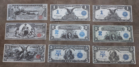 1896-1899 US Silver Certificate Numismatic Notes Set of 9 Bills
