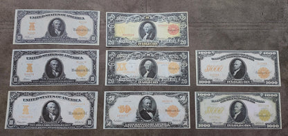 1905-1913 US Gold Certificate Large Size Numismatic Notes Set of 8 Bills