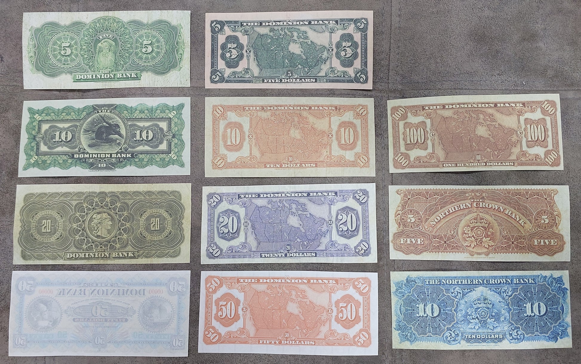 Historic 1908-1931 Canada Dominion & Northern Crown Bank Banknotes Collection Reverse Side