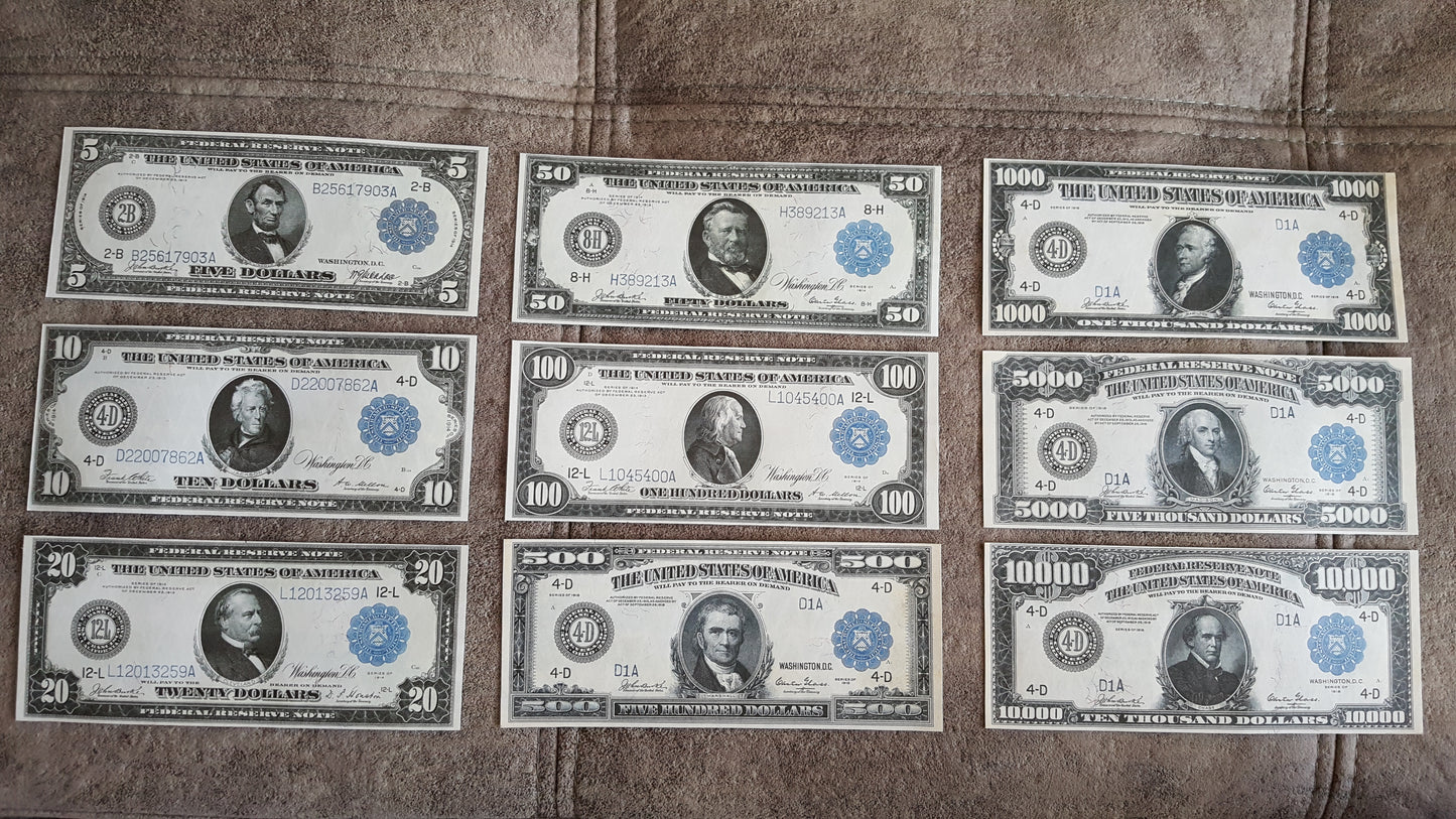 1914-1918 US Federal Reserve Blue Seal Numismatic Notes Set of 9 Bills