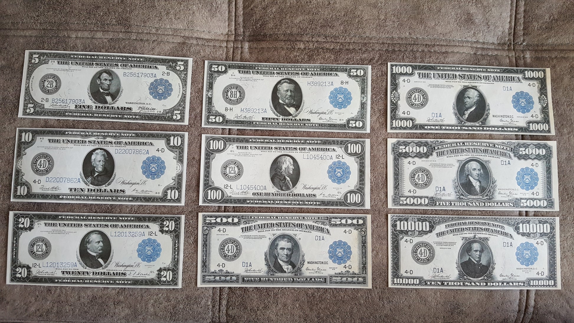 1914-1918 US Federal Reserve Blue Seal Numismatic Notes Set of 9 Bills