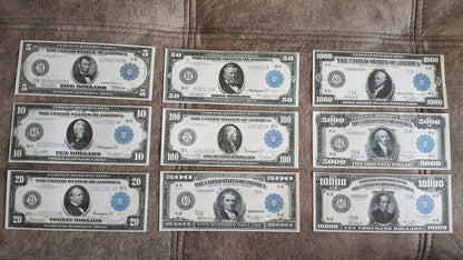 1914-1918 US Federal Reserve Blue Seal Numismatic Notes Set of 9 Bills