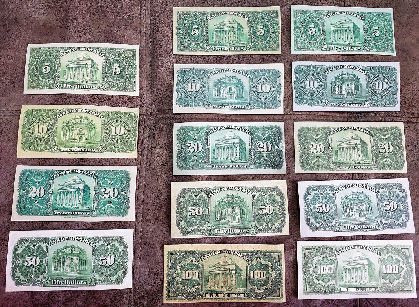 Historic 1914-1931 Bank of Montreal Banknotes Collection Reverse Side Series