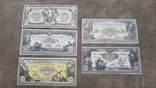 1917 Canadian Bank of Commerce Numismatic Banknotes Set of 5 Bills