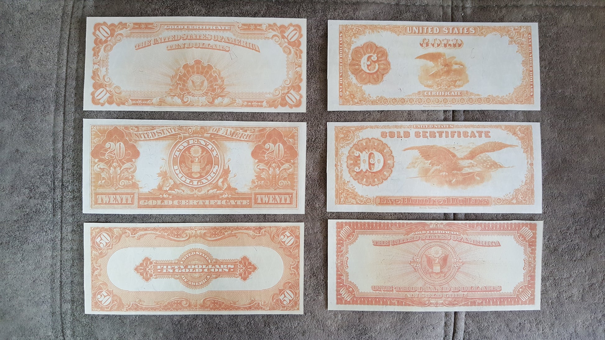 1922 US Gold Certificate Banknotes Set Orange Reverse Side