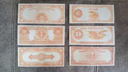 1922 US Gold Certificate Banknotes Set Orange Reverse Side