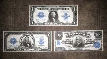 1923 US Silver Certificates 1, 5 and 10 Dollar Banknotes