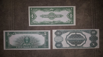 1923 US Silver Certificates 1, 5 and 10 Dollar Notes Reverse Side