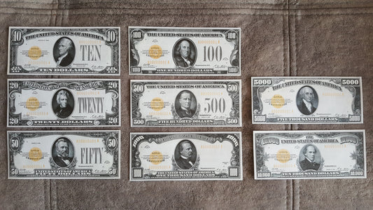 1928 US Gold Certificate Numismatic Currency Notes Set of 8 Bills