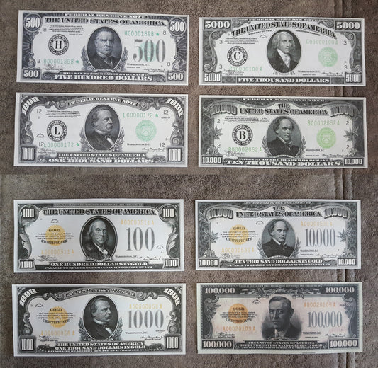 1934 US Federal Reserve Numismatic Notes Collection 100$ 500$ 1000$ 5000$ 10000$ 100000$ Gold Notes