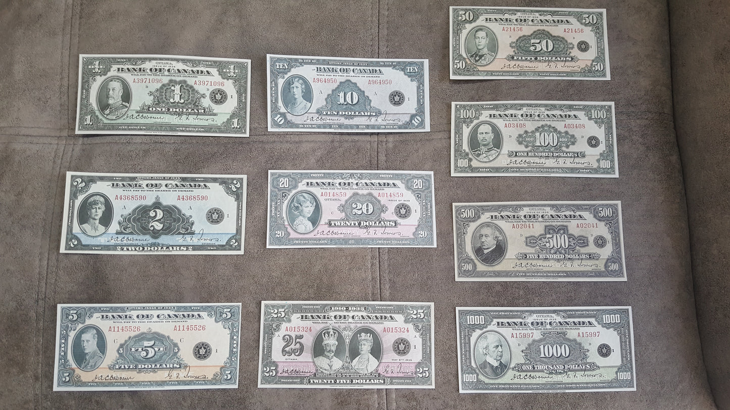 1935 Bank of Canada English Issue Numismatic Specimen Notes Set A