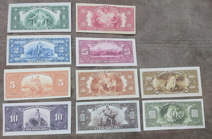 Historic 1935 Bank of Canada King George VI Banknotes Collection SET-A Reverse Side  printed in French 