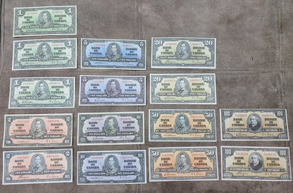 1937 Bank of Canada King George VI Numismatic Banknotes Set B Varieties
