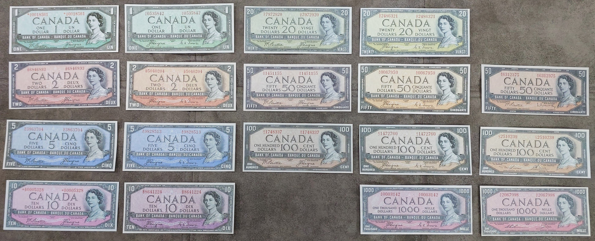 1954 Bank of Canada Queen Elizabeth II Numismatic Banknotes Set of 18 Bills