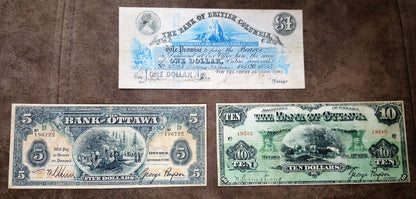 Bank Ottawa 5 ana 10 dollar  1913 1 dollar 1863 the bank of British Columbia