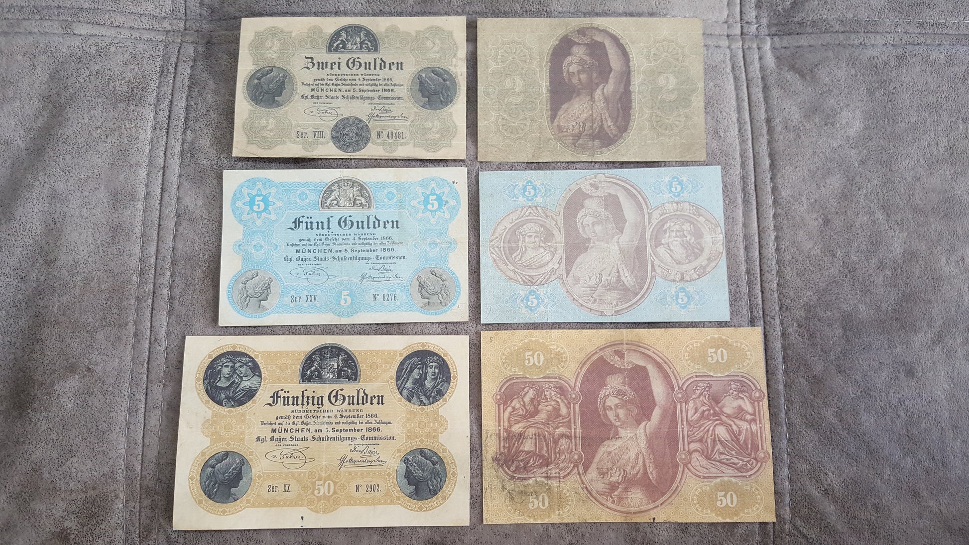 2 Gulden, 5 Gulden and 50 Gulden 1866 Old German States Banknotes