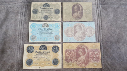 2 Gulden, 5 Gulden and 50 Gulden 1866 Old German States Banknotes