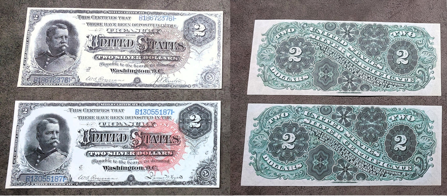 2 Dollar 1886 US Silver Certificate Big Brown Sun Seal and Big Red Sun Seal