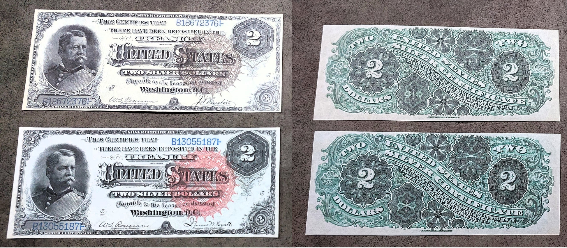 2 Dollar 1886 US Silver Certificate Big Brown Sun Seal and Big Red Sun Seal