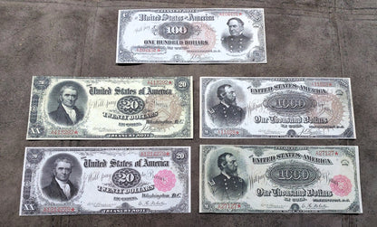 20, 100 and 1000 Dollar 1890 US Treasury Notes Big Brown Sun Seal and Small Red Flower Seal