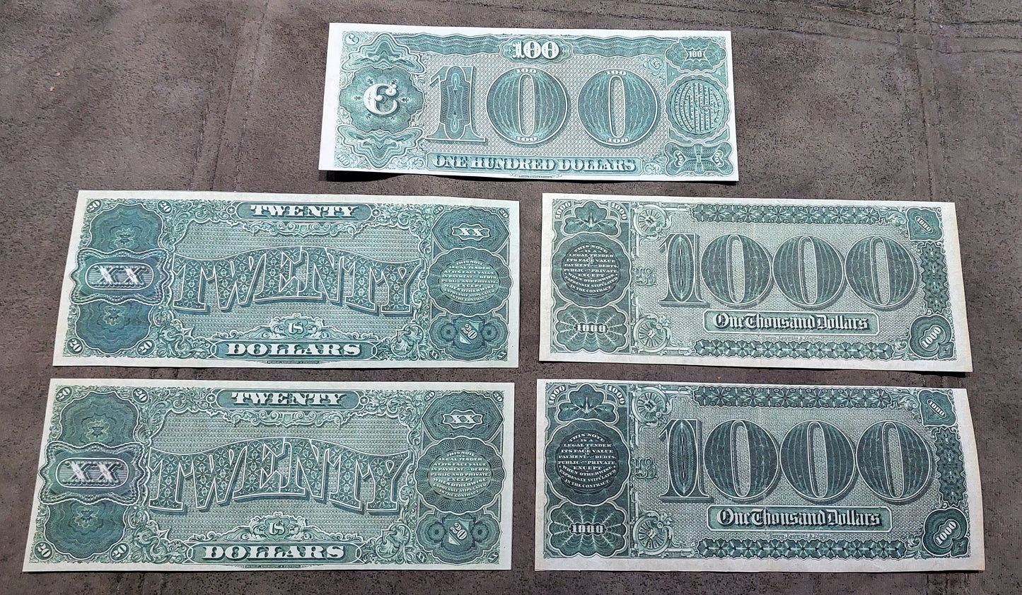20, 100 and 1000 Dollar 1890 US Treasury Notes Reverse Side
