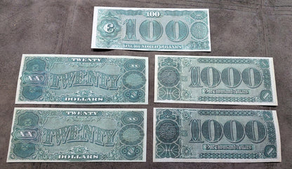 20, 100 and 1000 Dollar 1890 US Treasury Notes Reverse Side